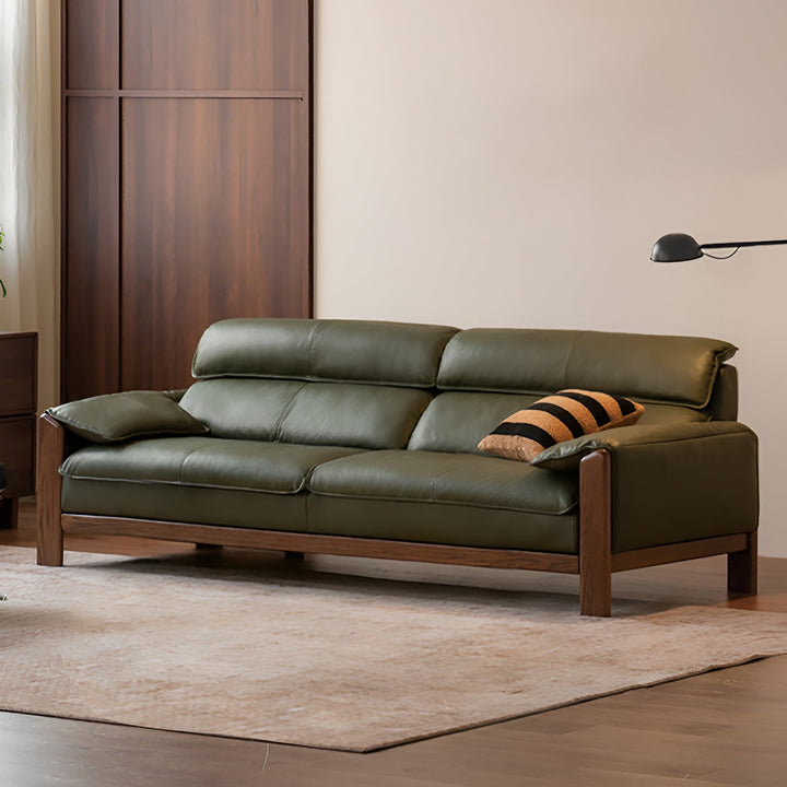 Japandi oak wood genuine leather 4 seater sofa kape in details.