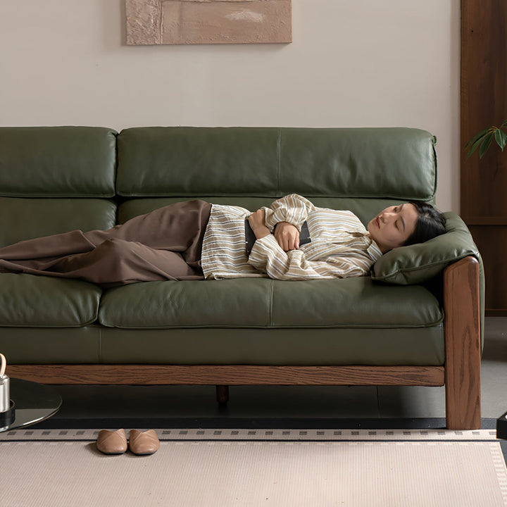 Japandi oak wood genuine leather 4 seater sofa kape in close up details.