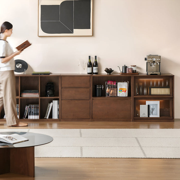 Japandi oak wood modular bookshelf blog primary product view.