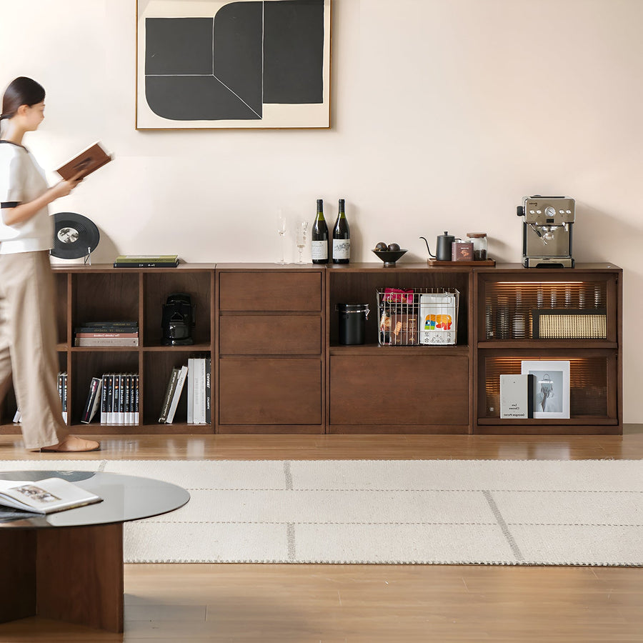 Japandi oak wood modular bookshelf blog primary product view.
