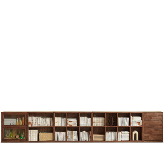 Japandi oak wood modular bookshelf blog in white background.