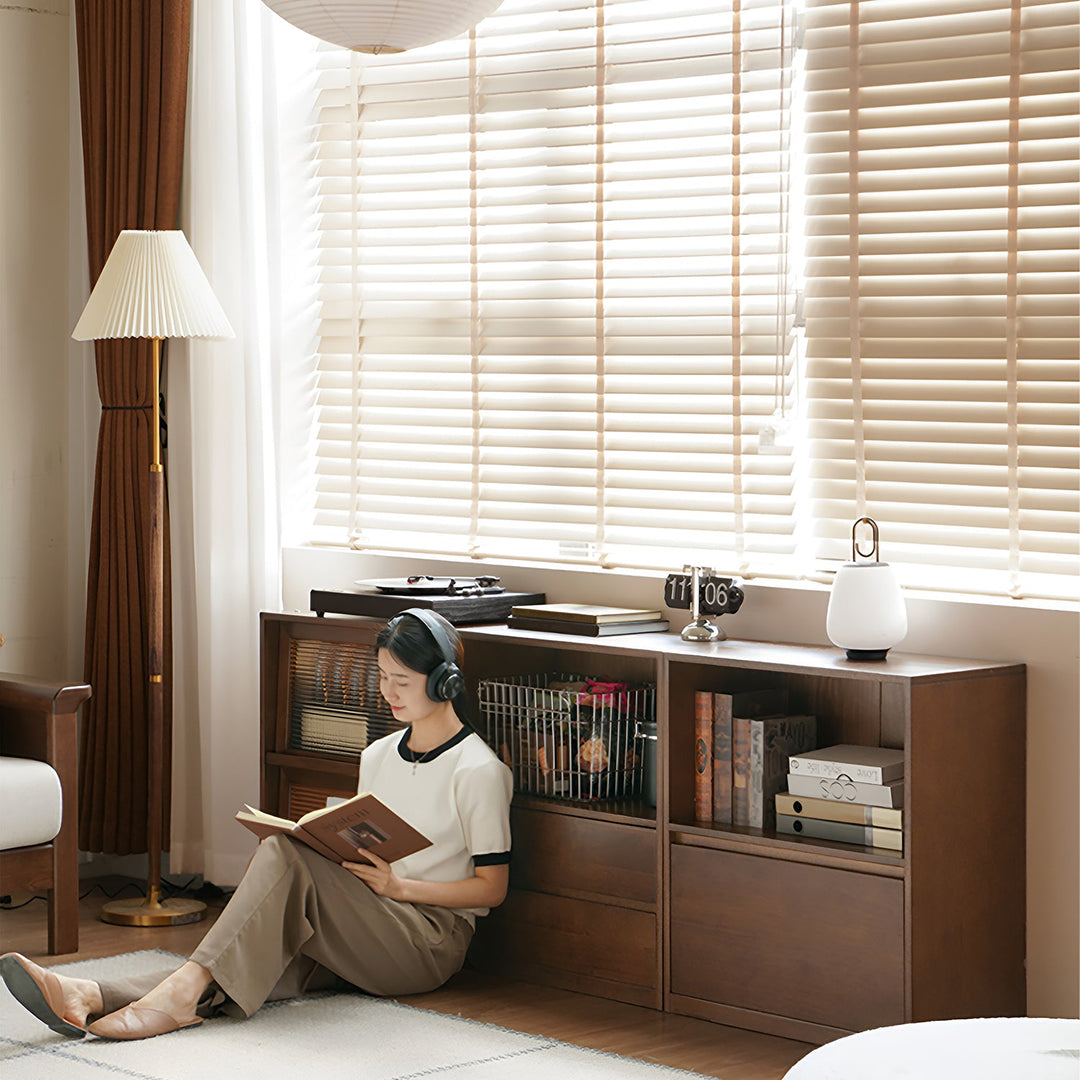 Japandi oak wood modular bookshelf blog size charts.