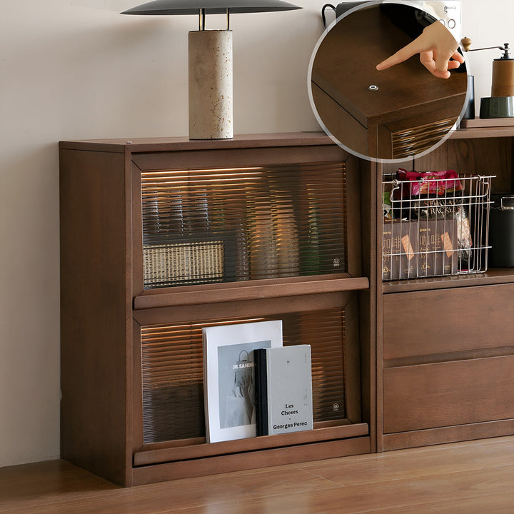 Japandi oak wood modular bookshelf blog material variants.