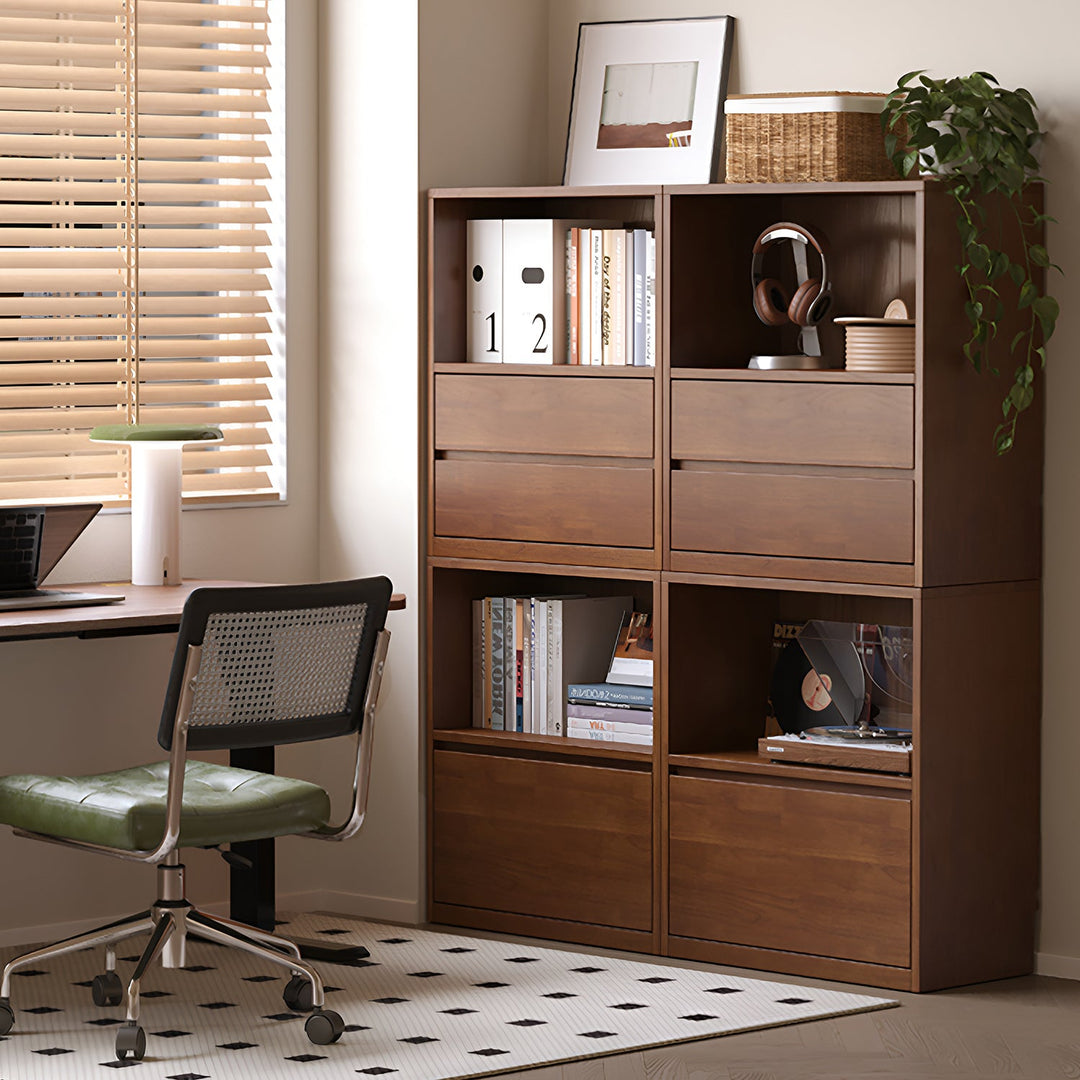 Japandi oak wood modular bookshelf blog in panoramic view.