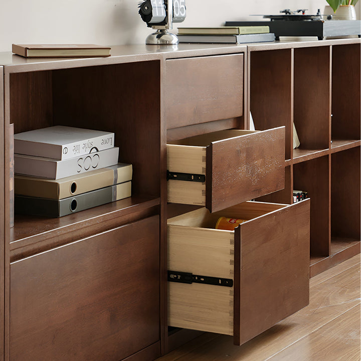 Japandi oak wood modular bookshelf blog in still life.