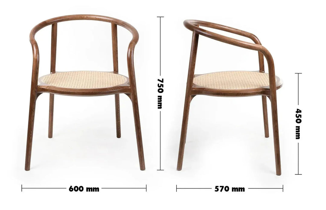 Japandi rattan dining chair circular size charts.