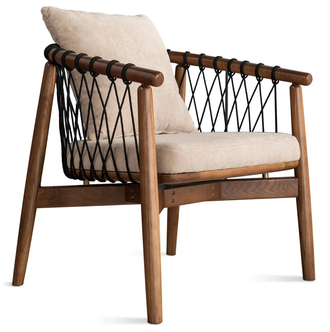 Japandi wood fabric woven rope 1 seater sofa basket in white background.