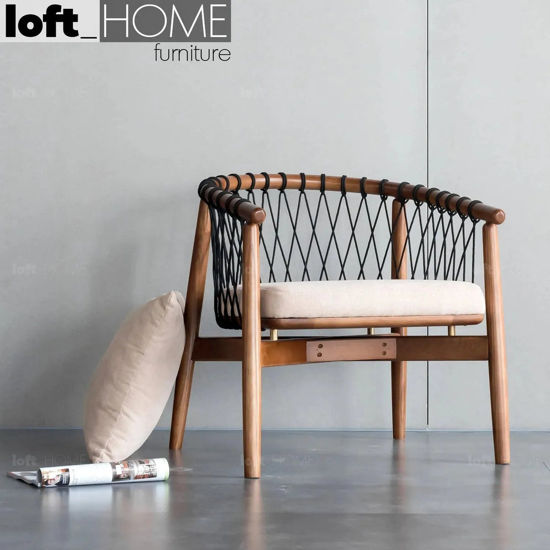 Japandi wood fabric woven rope 1 seater sofa basket primary product view.