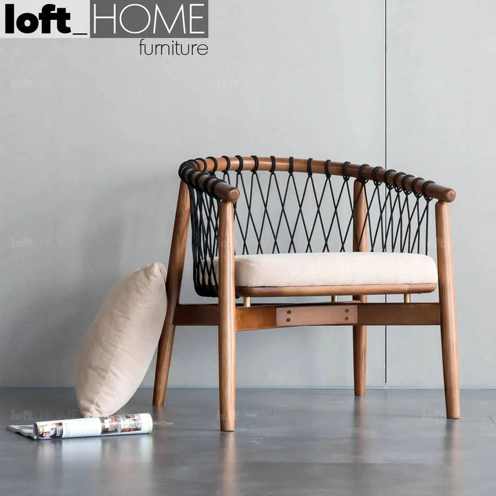 Japandi wood fabric woven rope 1 seater sofa basket primary product view.