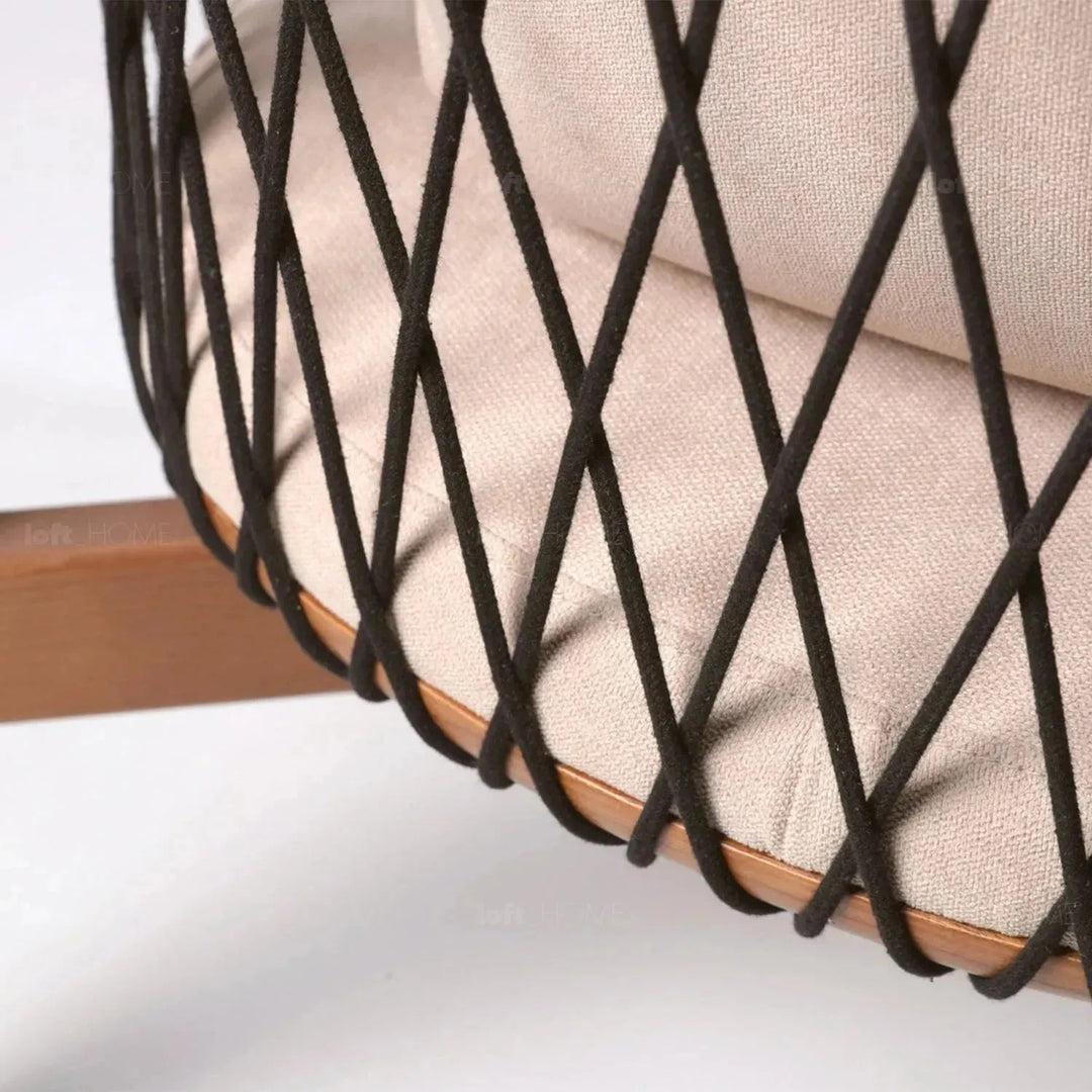 Japandi wood fabric woven rope 1 seater sofa basket in close up details.