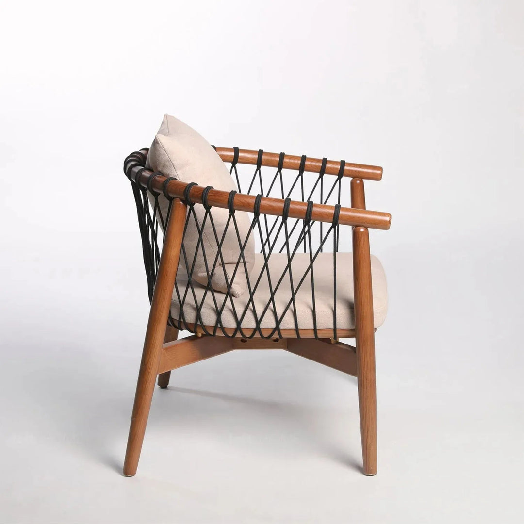 Japandi wood fabric woven rope 1 seater sofa basket in real life style.