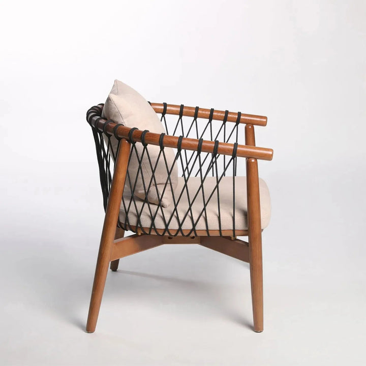 Japandi wood fabric woven rope 1 seater sofa basket in real life style.