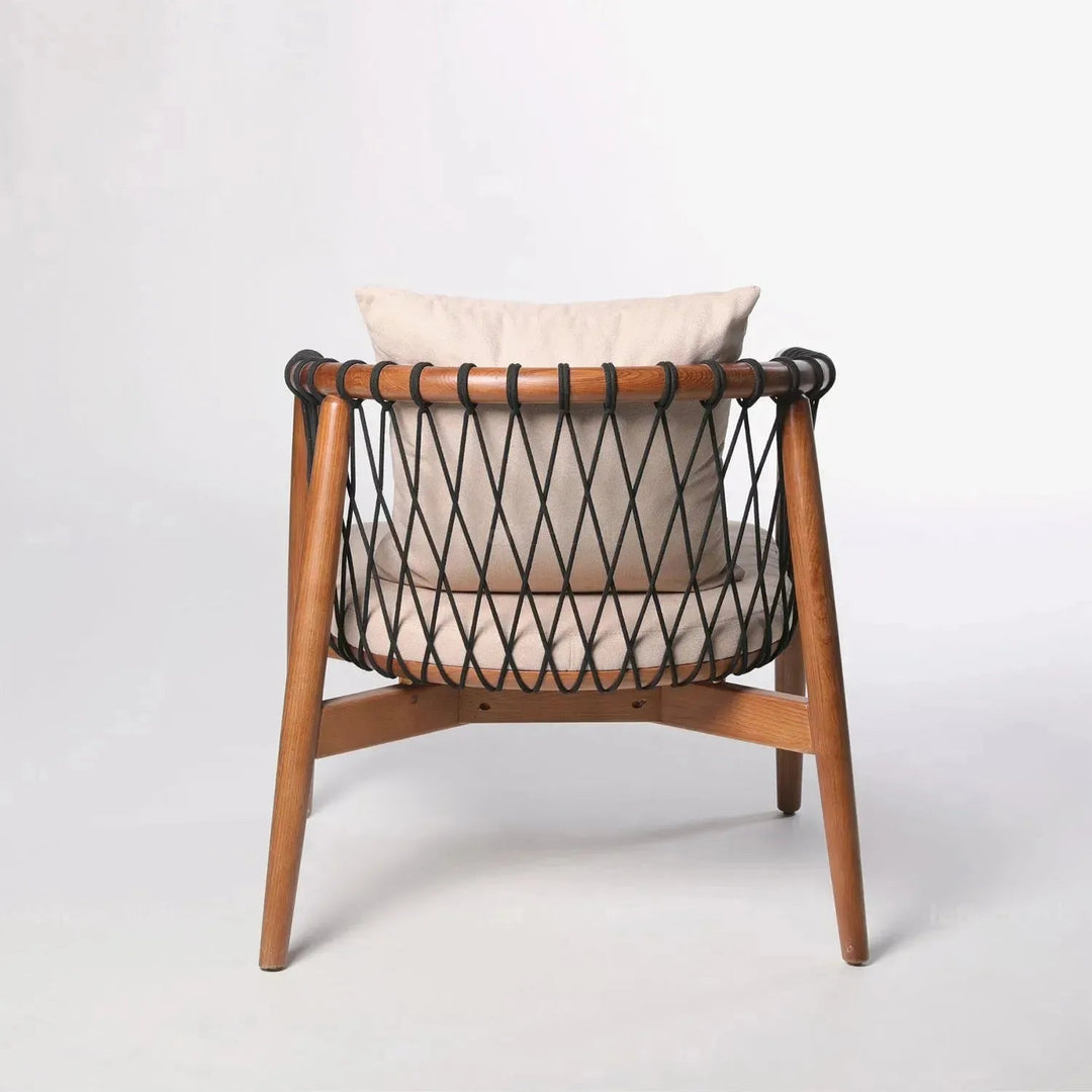 Japandi wood fabric woven rope 1 seater sofa basket with context.