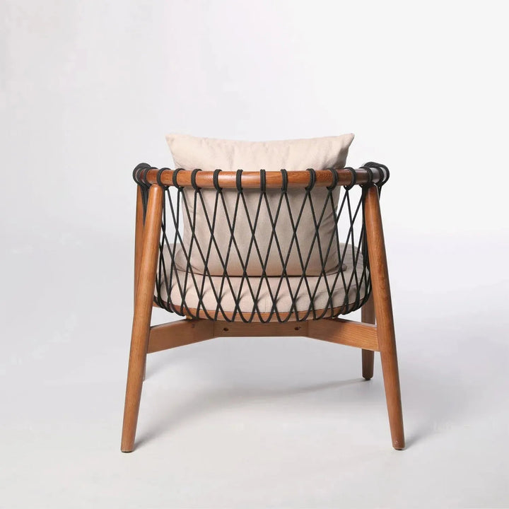 Japandi wood fabric woven rope 1 seater sofa basket with context.