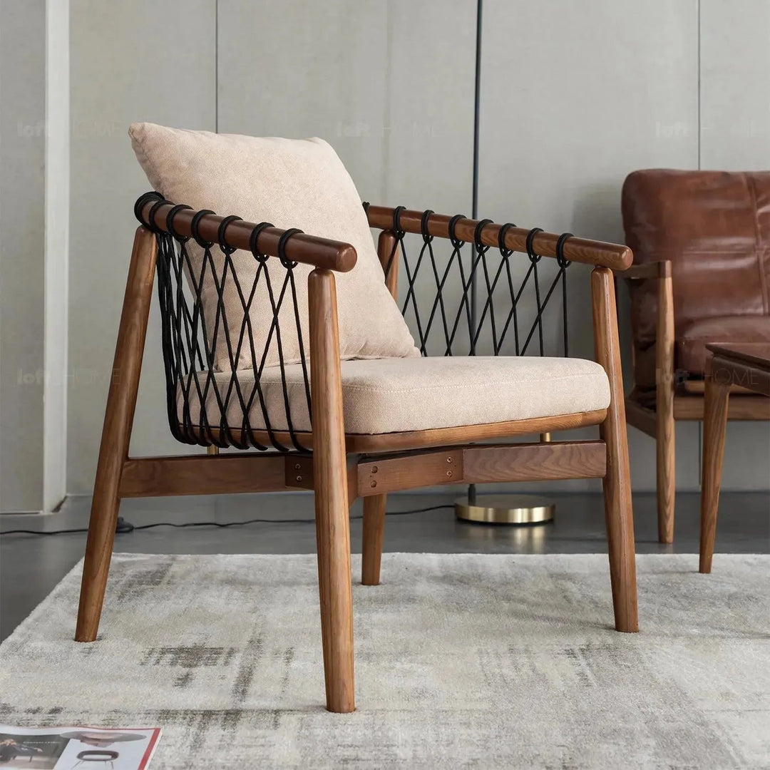 Japandi wood fabric woven rope 1 seater sofa basket conceptual design.