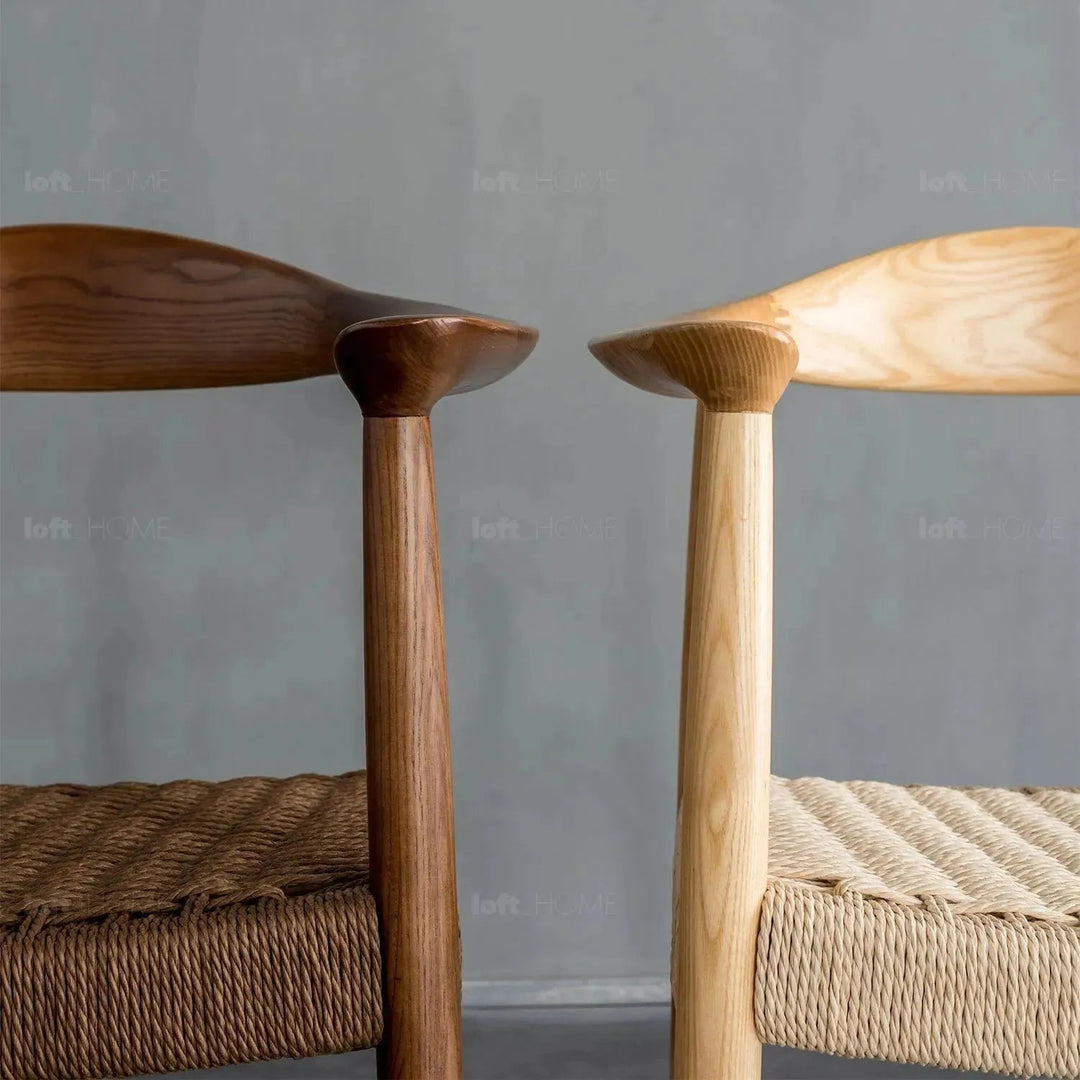 Japandi wood woven rope dining chair kennedy in details.