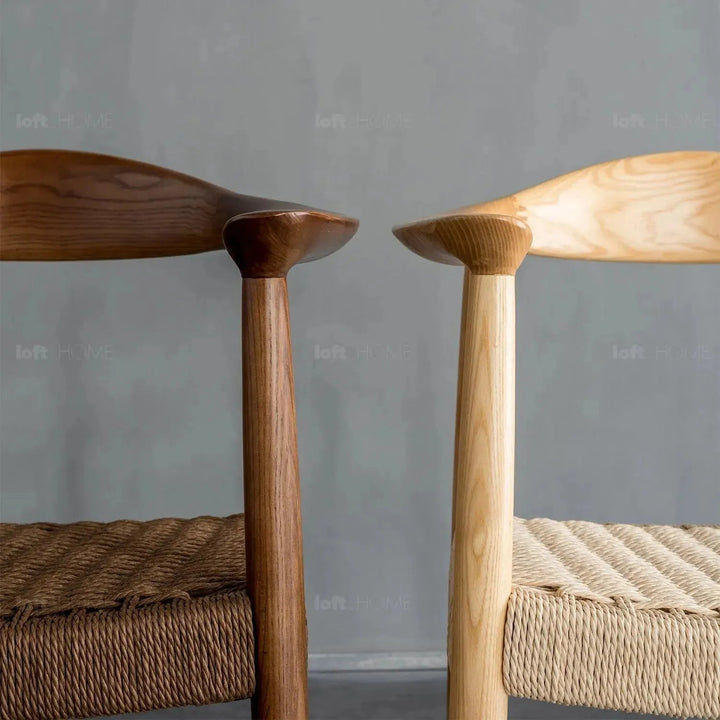 Japandi wood woven rope dining chair kennedy in details.