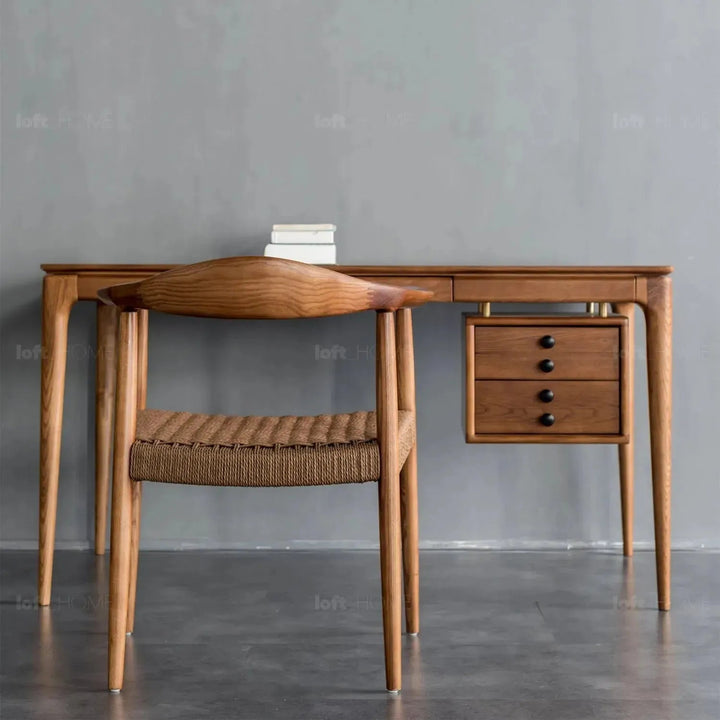 Japandi wood woven rope dining chair kennedy in close up details.