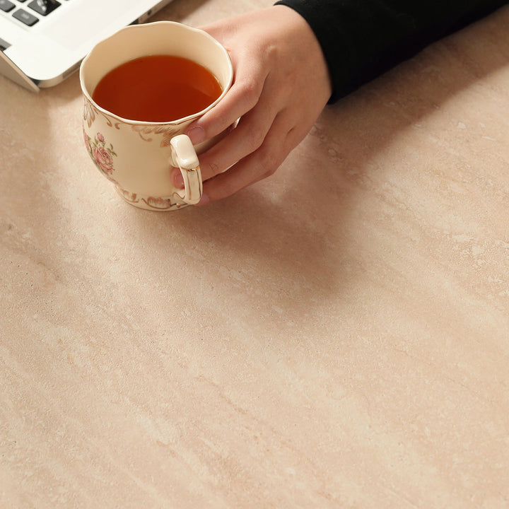 Japandi sintered stone coffee table set silence in panoramic view.