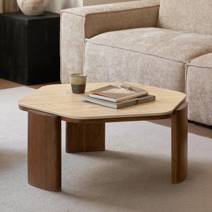 Japandi sintered stone coffee table set silence in close up details.