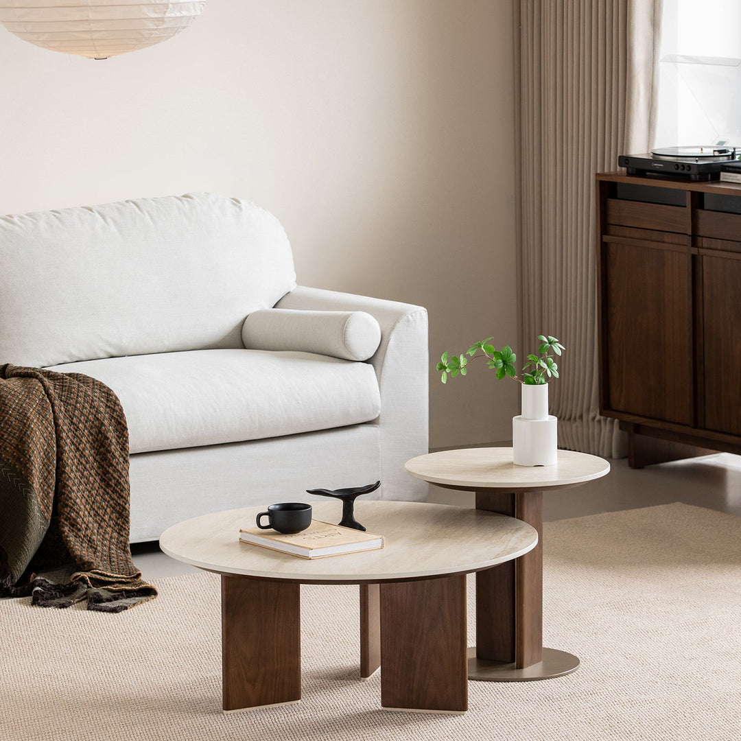 Japandi sintered stone coffee table set vale size charts.