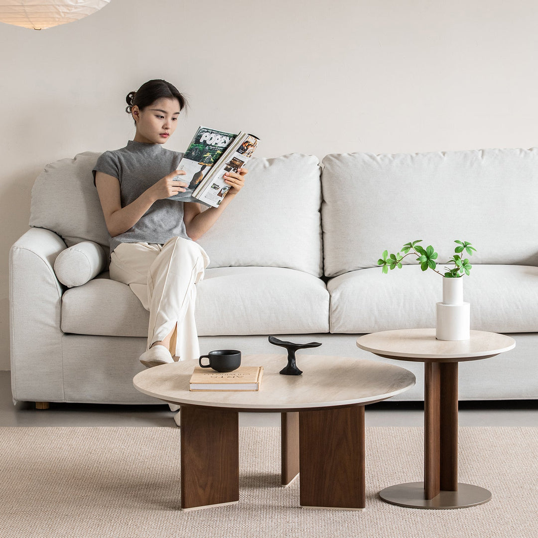 Japandi sintered stone coffee table set vale color swatches.