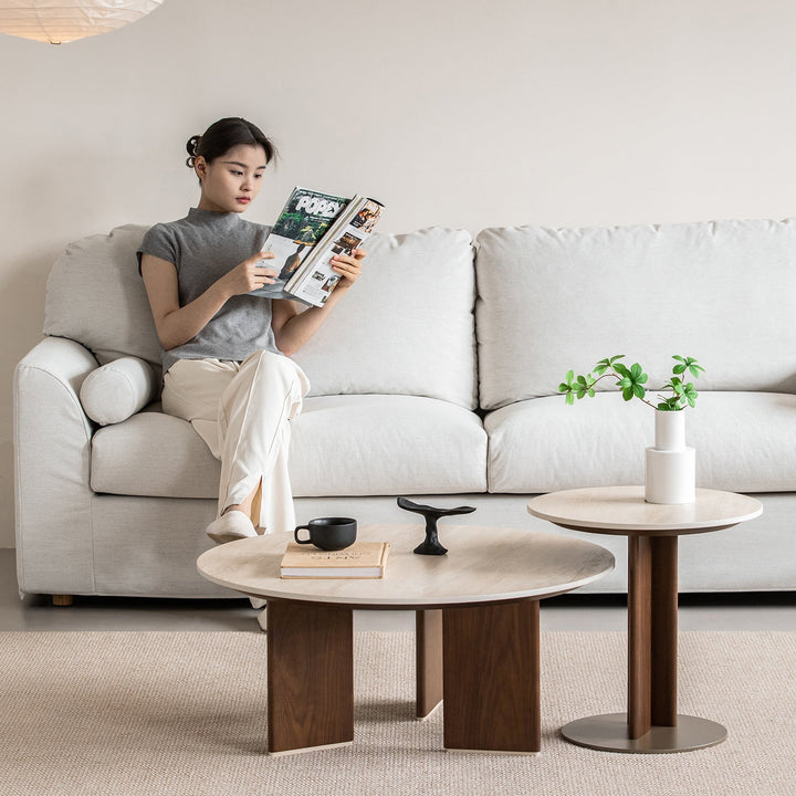 Japandi sintered stone coffee table set vale color swatches.