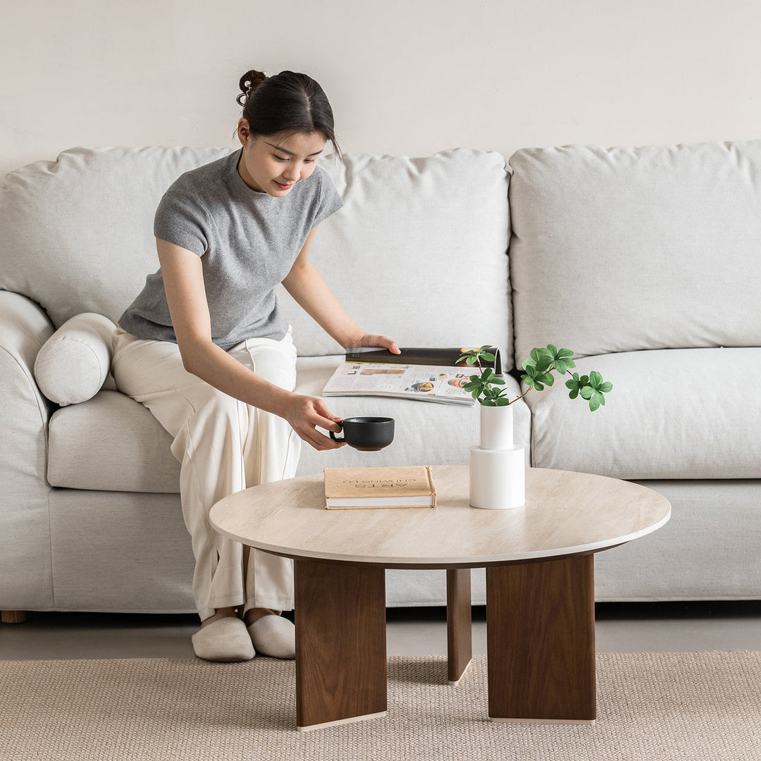 Japandi sintered stone coffee table set vale material variants.
