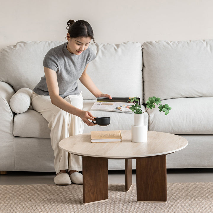 Japandi sintered stone coffee table set vale material variants.