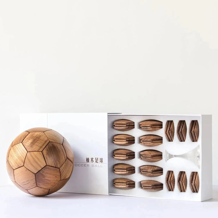 Japandi teak wood decor football in close up details.