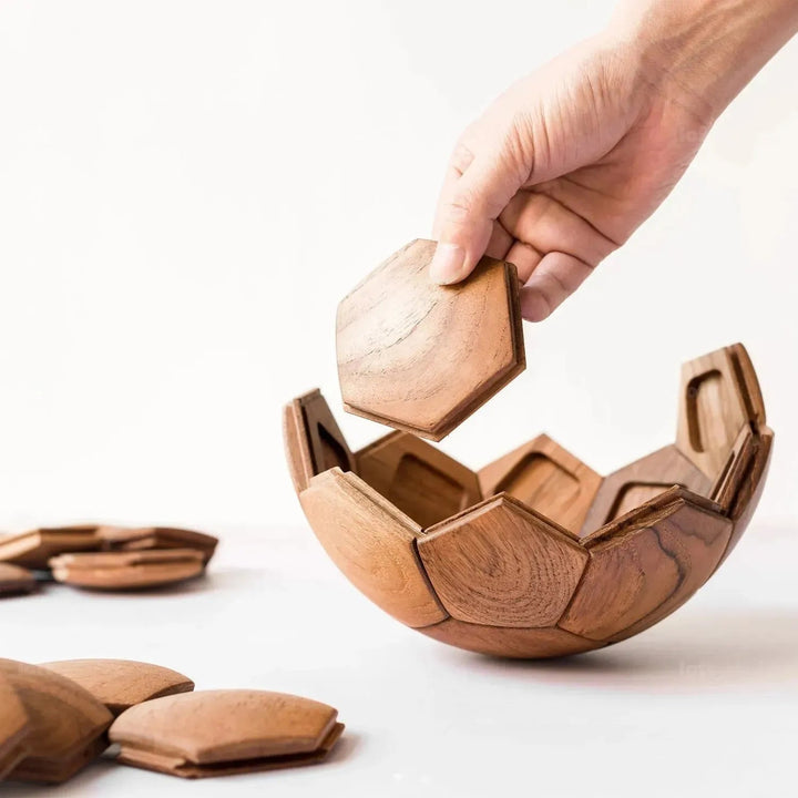 Japandi teak wood decor football in real life style.