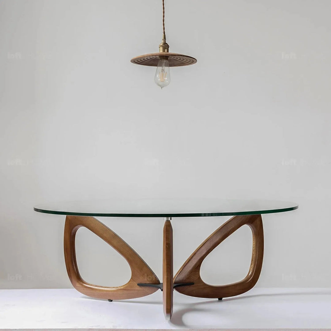 Japandi tempered glass coffee table petal in real life style.