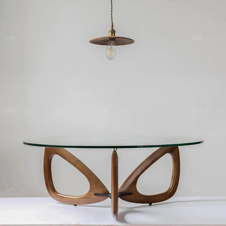 Japandi tempered glass coffee table petal in real life style.