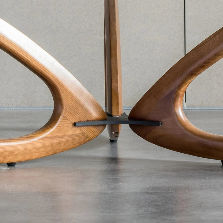 Japandi tempered glass coffee table petal in panoramic view.