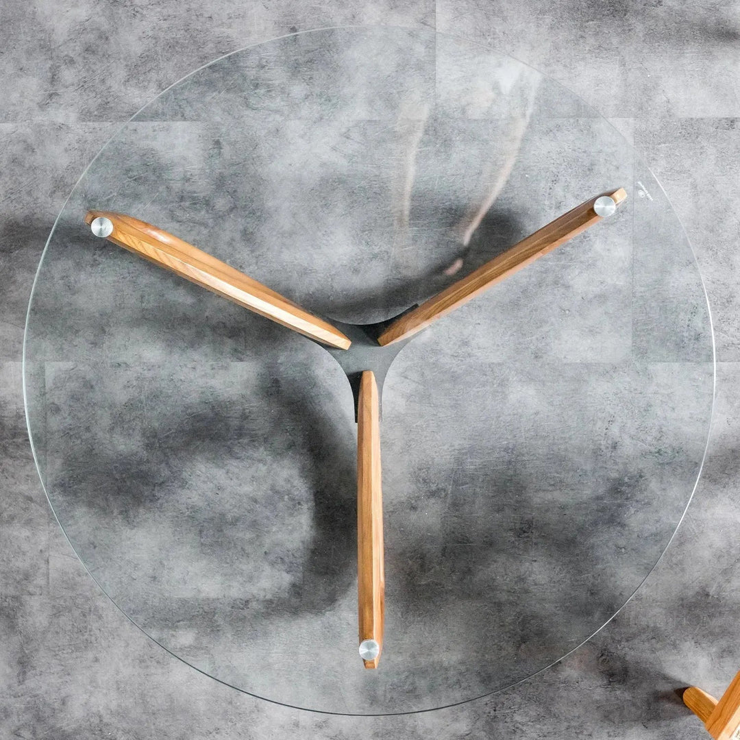 Japandi tempered glass coffee table petal in close up details.