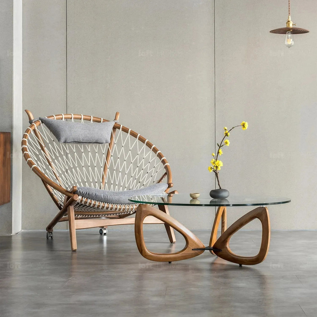 Japandi tempered glass coffee table petal color swatches.