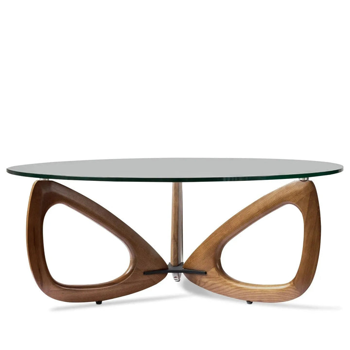 Japandi tempered glass coffee table petal in white background.