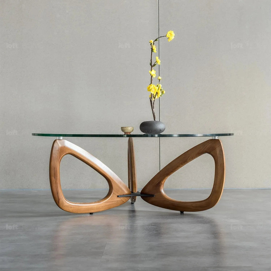 Japandi tempered glass coffee table petal material variants.