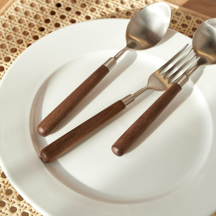 Japandi walnut wood 304 stainless steel spoon and fork 2in1 set woodland in panoramic view.