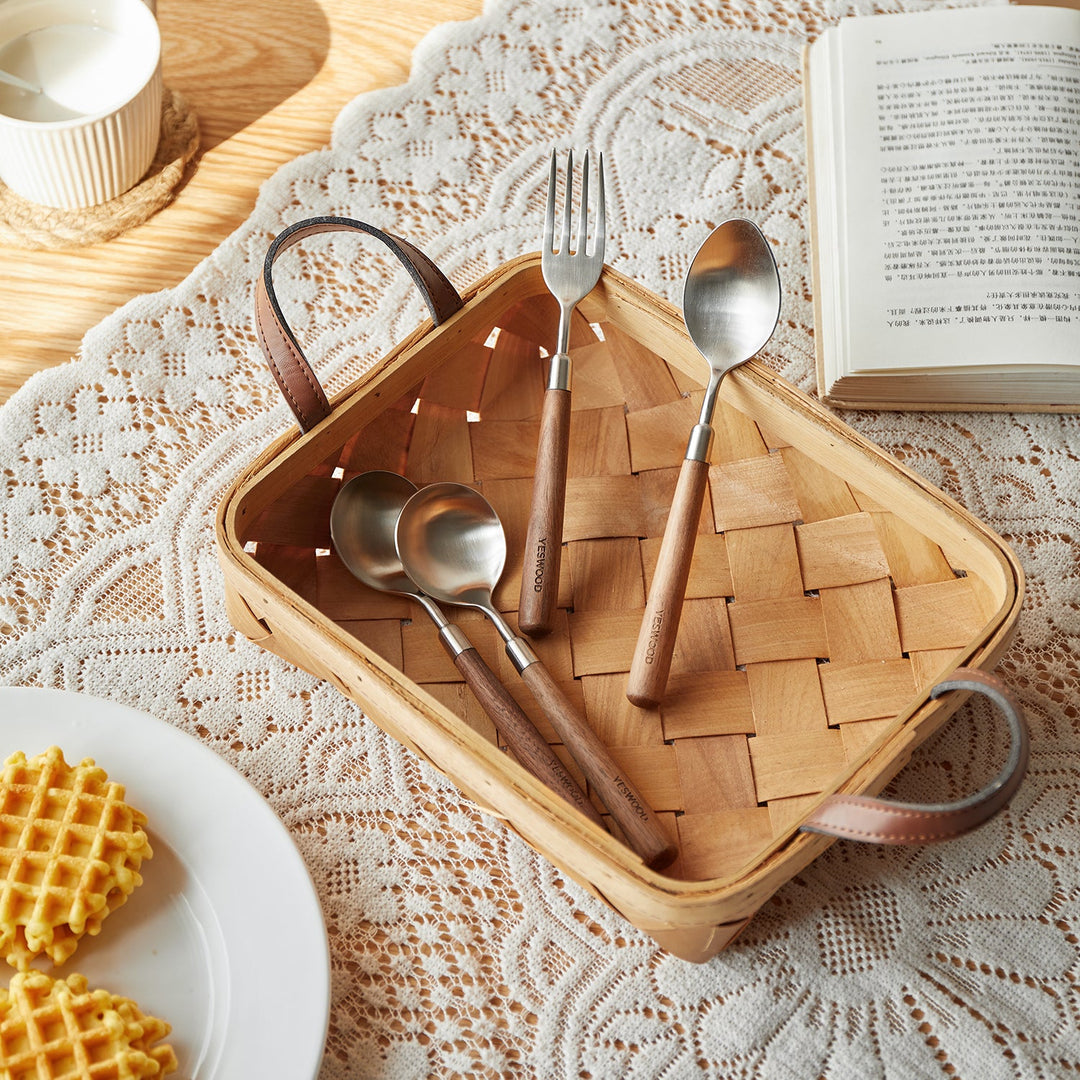 Japandi walnut wood 304 stainless steel spoon and fork 2in1 set woodland color swatches.