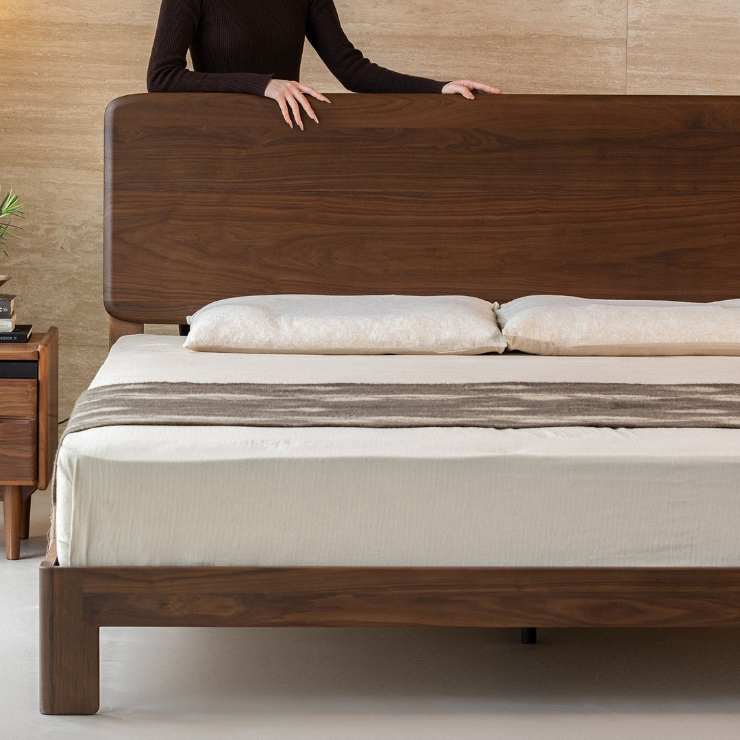 Japandi walnut wood bed dune material variants.