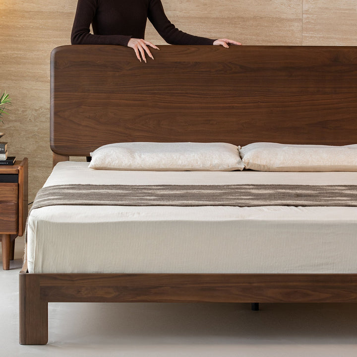 Japandi walnut wood bed dune material variants.