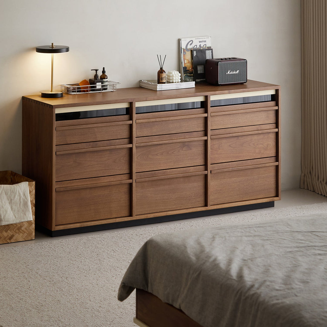 Japandi walnut wood chest of 9 drawers axis primary product view.