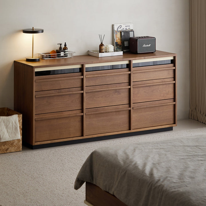 Japandi walnut wood chest of 9 drawers axis primary product view.
