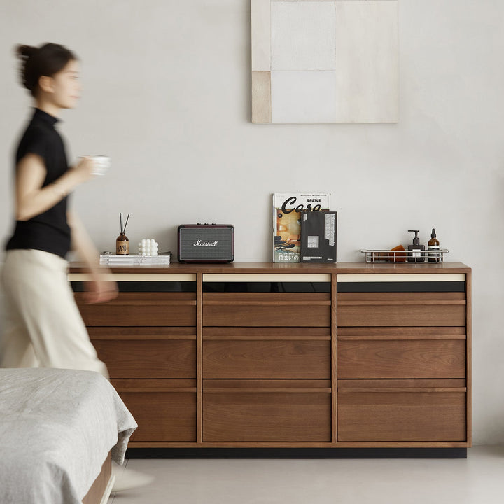 Japandi walnut wood chest of 9 drawers axis size charts.