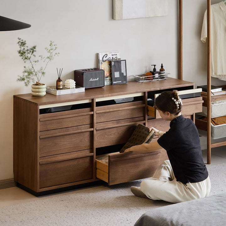 Japandi walnut wood chest of 9 drawers axis color swatches.