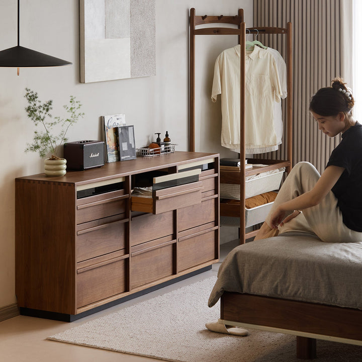 Japandi walnut wood chest of 9 drawers axis material variants.