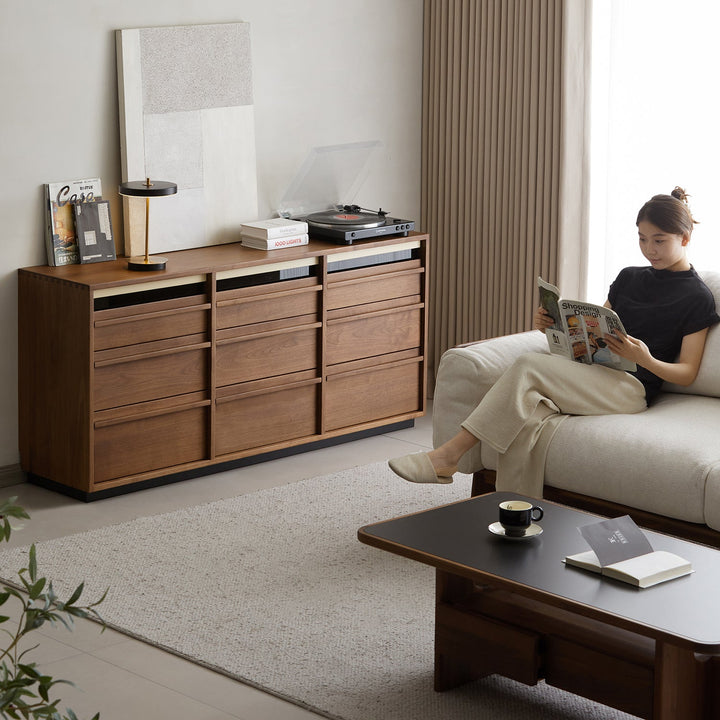 Japandi walnut wood chest of 9 drawers axis in real life style.