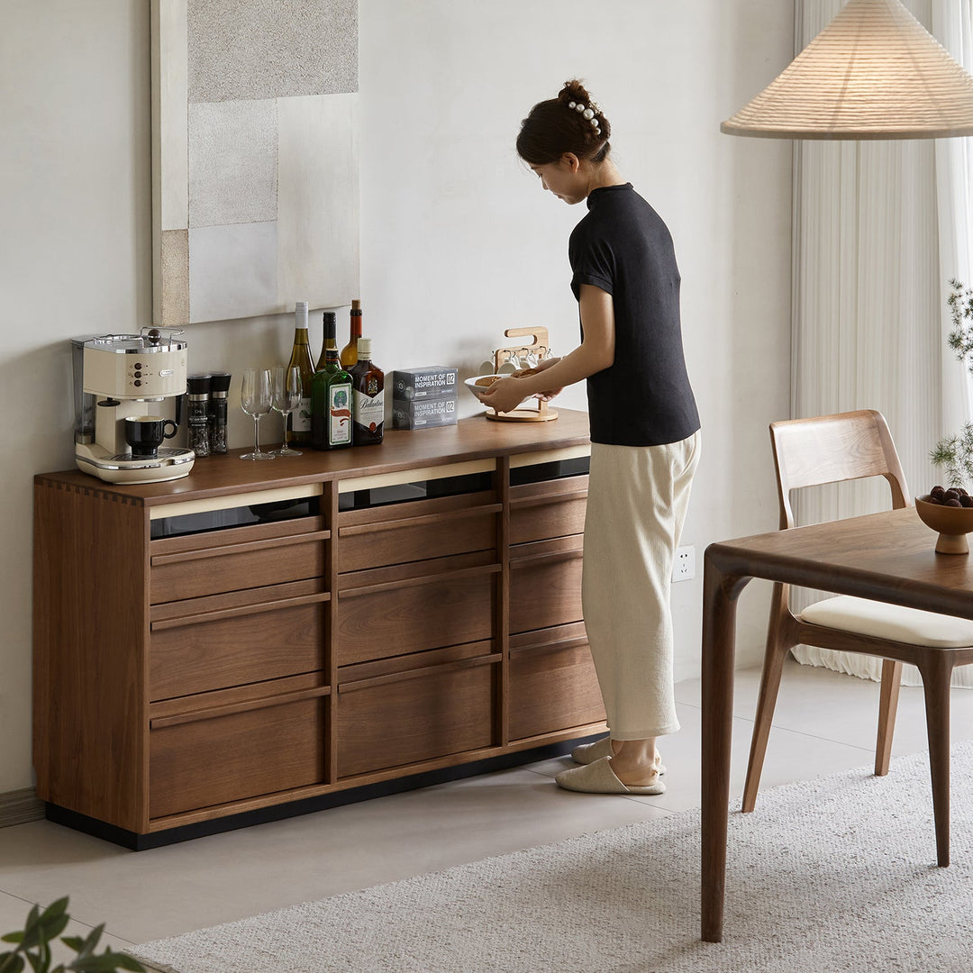 Japandi walnut wood chest of 9 drawers axis with context.
