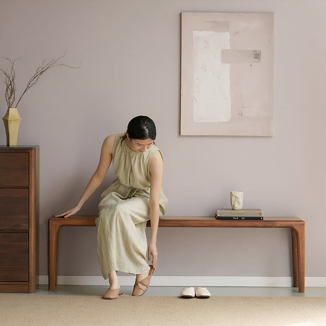 Japandi walnut wood dining bench conti in details.